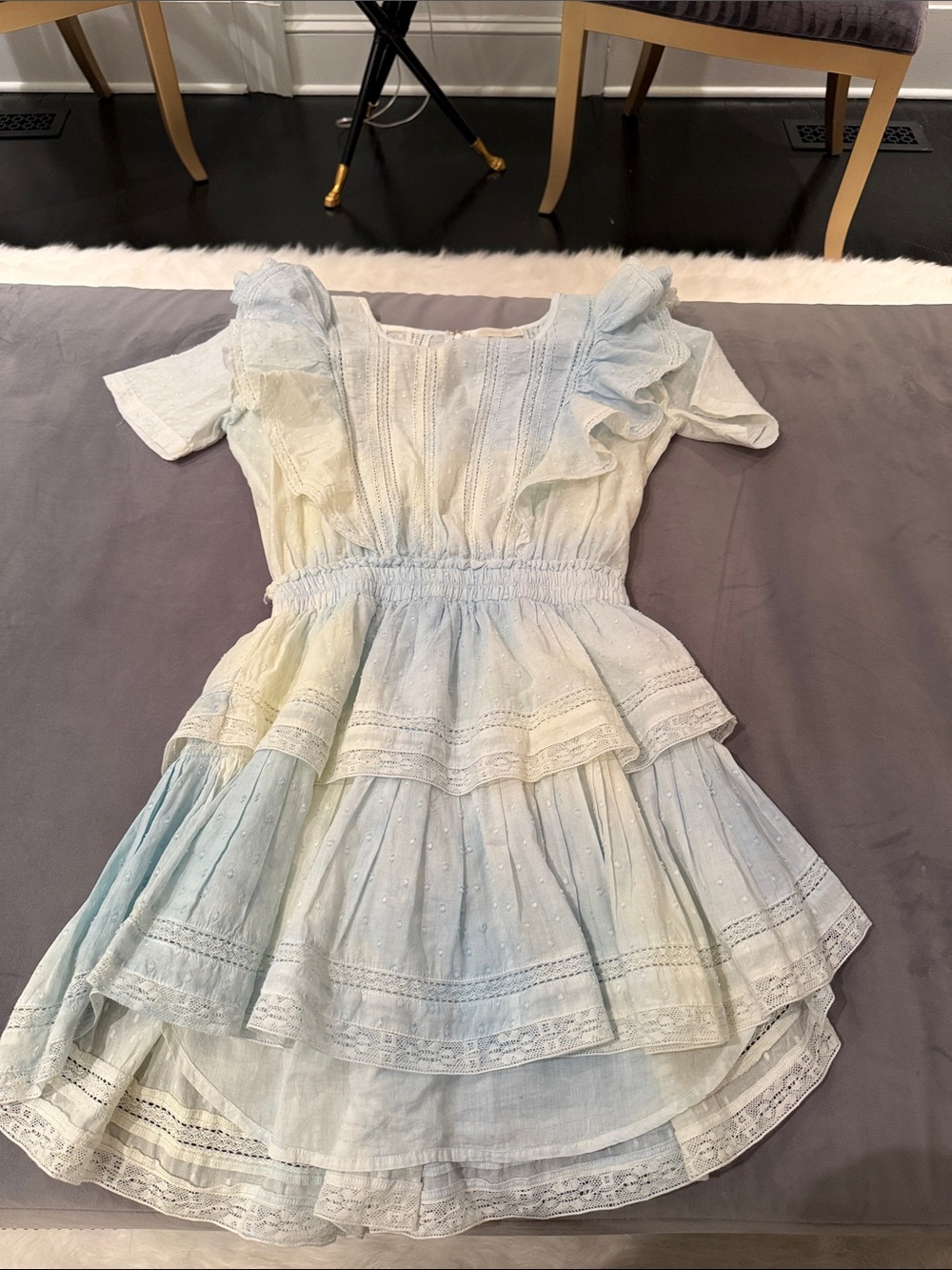Like New - Love shack Fancy - Light Blue and yellow Ruffle Tiered Dress Sz CS